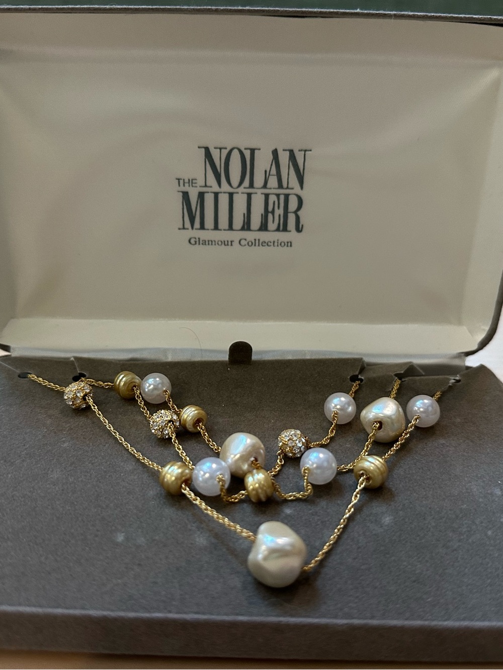 Vintage Nolan Miller Glamour Collection Floating Faux Pearl Crystal Necklace NIB